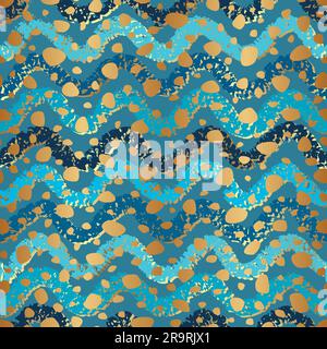 Pattern color senza cuciture. Tratti di pennello blu. Acquerello oro. Elegante design dorato astratto per interni, coperture e stampe. Elegante marmo dipinto Illustrazione Vettoriale