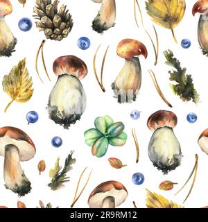Funghi di bolo commestibili della foresta con mirtilli, coni, foglie autunnali e ramoscelli. Illustrazione acquerello, disegnata a mano. Motivo senza cuciture su un bianco Foto Stock