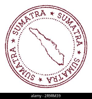 Timbro di gomma rotondo di Sumatra con mappa dell'isola. Timbro passaporto rosso vintage con testo circolare e stelle, illustrazione vettoriale. Illustrazione Vettoriale