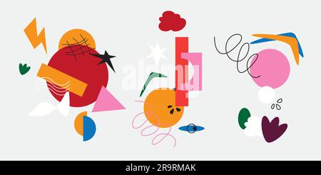 Varie forme colorate e oggetti casuali, figure geometriche. Illustrazione astratta moderna e alla moda. Set vettoriale disegnato a mano. Poster Illustrazione Vettoriale