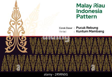 Motivi Malay Riau Batik Songket Tenun, tessitura Corak Motif Pucuk Rebung Kuntum Mambang Melayu, tradizionale classico tessuto nero con oro Illustrazione Vettoriale