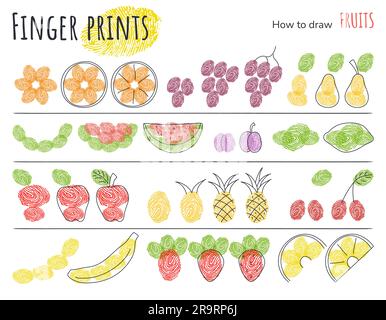 Impronte digitali arte. Set di frutta. Schema per il disegno. Illustrazione Vettoriale