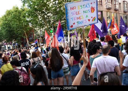 Madrid, Madrid, Spagna. 28 giugno 2023. Diversi gruppi si dirigono per le strade di Madrid per rivendicare le rivolte di Stonewall e contro il capitalismo che ha preso il controllo della dimostrazione di stato (Credit Image: © Richard Zubelzu/ZUMA Press Wire) SOLO USO EDITORIALE! Non per USO commerciale! Foto Stock