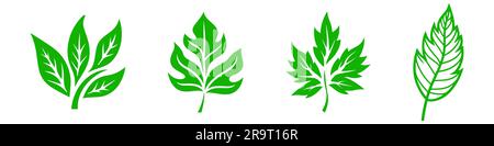 Le icone delle foglie sono un elemento ecologico, foglie verdi, ecologia e eco-segnaletica ambientale. Vettore stock di lamelle su sfondo bianco. Illustrazione Vettoriale
