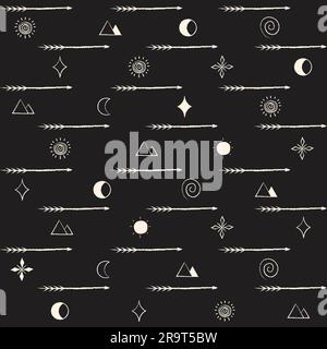 Motivo azteco frecce Doodle in bianco e nero motivo senza cuciture Spear, Sun, Moon, Star, Pyramid sfondo decorativo linea sottile illustrazione vettoriale Isola Illustrazione Vettoriale