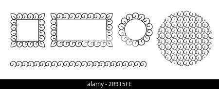 Cornici decorative, bordi e motivi senza cuciture. Cerchio, quadrato, rettangolo, raccolta elementi di design motivo Meander. Vettore di doodle disegnato a mano Illustrazione Vettoriale