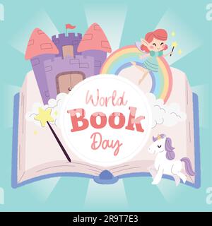 Libro aperto isolato con icone fantasy World Book Day Vector Illustrazione Vettoriale