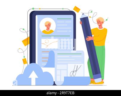Uomo compila il modulo tramite applicazione mobile Illustrazione Vettoriale