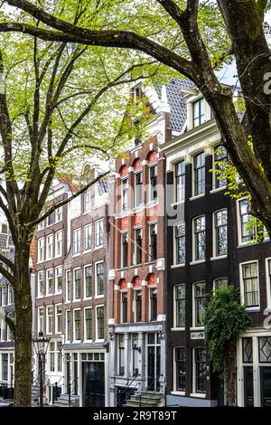 Tipica strada di Amsterdam con strette case a timpano del XVI secolo con ganci Foto Stock