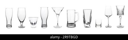 Collage con diversi bicchieri vuoti su sfondo bianco Foto Stock