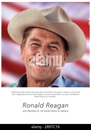 Ritratto di Ronald Reagan, 40° Presidente degli Stati Uniti d'America, con cappello da cowboy Foto Stock