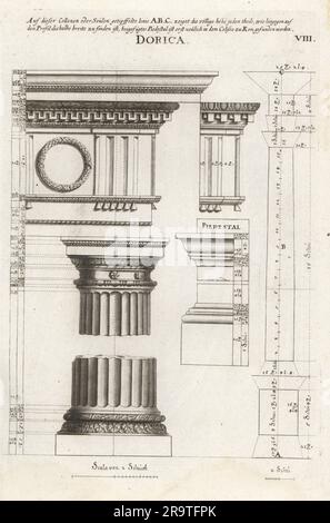 Colonna ordine dorico con entablatura. Dorische Säule mit Gebälkstücken. Copiato da Des ordres des colonnes di Abraham Bosse. Incisione su lastra di rame di Johann Franck da l'Academia Todesca, della Architectura, Scultura & Pittura di Joachim von Sandrart, oder Teutsche Academie, der Edlen Bau- Bild- und Mahlerey-Kunste, Accademia tedesca di architettura, scultura e pittura, Jacob von Sandrart, Norimberga, 1675. Foto Stock