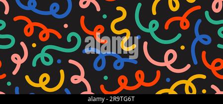 Linee di doodle astratte motivo senza cuciture. Coriandoli dai colori vivaci e spatola a serpentina che ripete lo sfondo. Simpatici disegni da scarabocchio e carta da parati a righe curve. Sfondo vettoriale Illustrazione Vettoriale