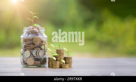 Grafico di crescita della pila di monete con il concetto di risparmio del vaso di vetro. finanza aziendale e risparmio di investimenti, piantare in moneta. Risparmio sul saldo Foto Stock