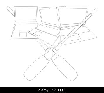 Una linea continua di laptop con cacciavite. Concetto vettoriale illustrazione a linee sottili. Idee creative per disegnare contorni. Illustrazione Vettoriale