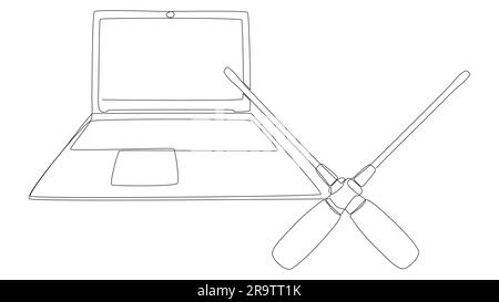 Una linea continua di laptop con cacciavite. Concetto vettoriale illustrazione a linee sottili. Idee creative per disegnare contorni. Illustrazione Vettoriale