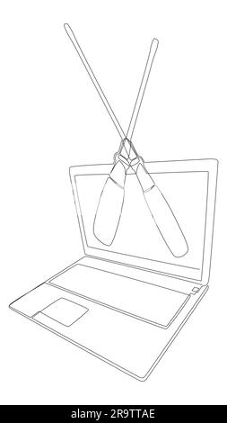 Una linea continua di laptop con cacciavite. Concetto vettoriale illustrazione a linee sottili. Idee creative per disegnare contorni. Illustrazione Vettoriale