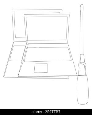 Una linea continua di laptop con cacciavite. Concetto vettoriale illustrazione a linee sottili. Idee creative per disegnare contorni. Illustrazione Vettoriale