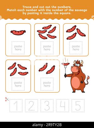 Da uno a cinque numeri e foglio di lavoro per il tracciamento delle parole. Foto del foglio di lavoro Taglia e Incolla con salsiccia. Elemento vettoriale Premium. Illustrazione Vettoriale