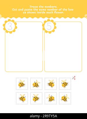 Foglio di lavoro conteggio a tre e cinque e numero di traccia. Tagliare e incollare il foglio di lavoro con le immagini. Elemento vettoriale Premium. Illustrazione Vettoriale