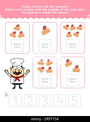 Da uno a cinque numeri e foglio di lavoro per il tracciamento delle parole. Foglio di lavoro Taglia e Incolla con immagini torta. Elemento vettoriale Premium. Illustrazione Vettoriale