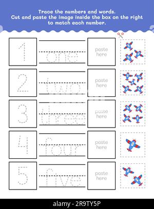 Da uno a cinque numeri e foglio di lavoro per il tracciamento delle parole. Tagliare e incollare il foglio di lavoro con le immagini. Elemento vettoriale Premium. Illustrazione Vettoriale