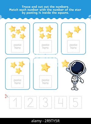 Da uno a cinque numeri e foglio di lavoro per il tracciamento delle parole. Taglia e Incolla foglio di lavoro con Sun Pictures. Elemento vettoriale Premium. Illustrazione Vettoriale