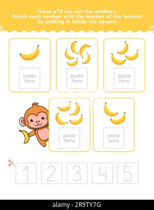 Da uno a cinque numeri e foglio di lavoro per il tracciamento delle parole. Taglia e Incolla foglio di lavoro con immagini Banana. Elemento vettoriale Premium. Illustrazione Vettoriale