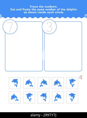 Foglio di lavoro conta sette e tre e numero di traccia. Tagliare e incollare il foglio di lavoro con le immagini. Elemento vettoriale Premium. Illustrazione Vettoriale