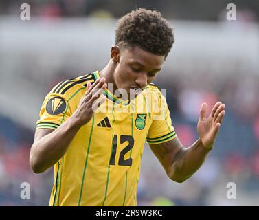 St Louis, USA. 28 giugno 2023. L'attaccante giamaicano Demarai Gray (12) festeggia il suo gol nel primo tempo. La Giamaica ha giocato Trinidad & Tobago in una partita a gironi della CONCACAF Gold Cup il 28 giugno 2023 al CITY Park Stadium di St. Louis, Missouri, USA. Foto di Tim Vizer/Sipa USA credito: SIPA USA/Alamy Live News Foto Stock