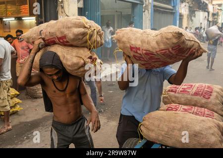 I lavoratori trasportano cipolle per le strade di Colombo, Sri Lanka Foto Stock