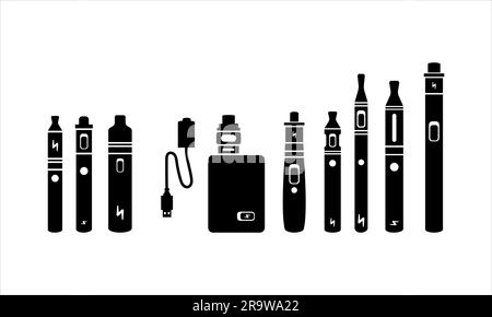 Sigarette Vape strumenti per fumatori set di illustrazioni vettoriali. Sigarette elettroniche Vape Tools, design a forma piatta isolato su sfondo bianco. Illustrazione Vettoriale