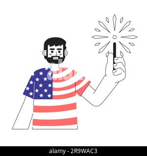 Uomo patriottico caucasico con carattere vettoriale piatto monocromatico sparkler Illustrazione Vettoriale