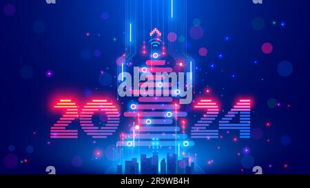 Poster di Natale con albero di natale, cifre 2024 in stile tecnologia elettronica. Anno nuovo, buon natale biglietto di auguri in cyber computer des Illustrazione Vettoriale