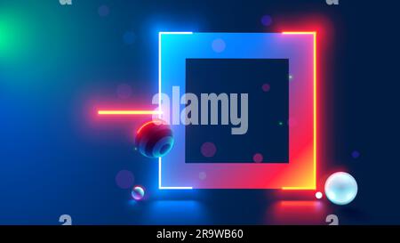 Cornice luminosa rettangolare al neon in ciberspazio scuro con sfere 3d sospese. Cornice o bordo quadrato in tecnologia astratta in stile moderno. Podio o ba Illustrazione Vettoriale
