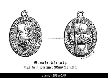 Geusenpfennig, medaglia con il ritratto di re Filippo II di Spagna, 1566. Sulla schiena una stretta di mano su un sacco da mendicante Foto Stock