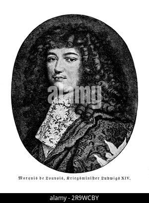 Le Marquis de Louvois, il cui nome completo era Michel le Tellier, fu uno statista francese che servì come Segretario di Stato per la guerra sotto re Luigi XIV dal 1677 fino alla sua morte nel 1691. Louvois fu responsabile dell'organizzazione e della modernizzazione dell'esercito francese, introducendo nuovi metodi di addestramento e implementando un sistema centralizzato di amministrazione e logistica. Supervisionò anche la costruzione di molte delle fortificazioni che proteggevano i confini della Francia, e fu determinante nello sviluppo della marina francese. Louvois giocò un ruolo chiave nelle campagne militari di Luigi XIV, ed era conosciuto f Foto Stock