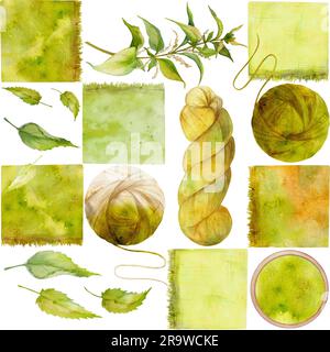 Acquerello disegnato a mano colorazione ortica tintura vegetale naturale, materiali per hobby, tessuto fatto a mano. Illustrazione con motivo senza cuciture isolato, sfondo bianco Foto Stock