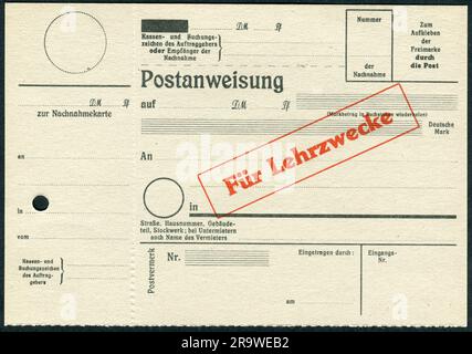 Posta, modulo, Ufficio federale tedesco della posta, vaglia postale, a scopo formativo, 1953, INFORMAZIONI-DIRITTI-AGGIUNTIVI-DI-LIQUIDAZIONE-NON-DISPONIBILI Foto Stock