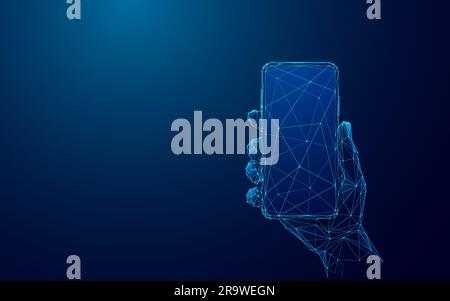 Astratta digitale con mano destra, tenendo il telefono cellulare con schermo vuoto. Illustrazione Vettoriale