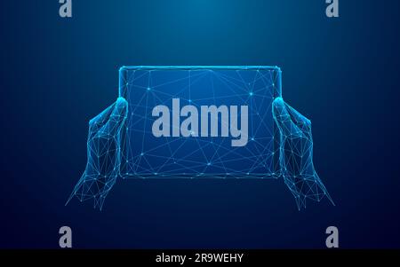 Mani digitali astratte che tengono il tablet con schermo vuoto. Illustrazione Vettoriale
