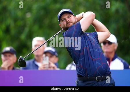 L'inglese Jordan Smith si tira fuori il diciassettesimo giorno durante il Betfred British Masters al Belfry, Sutton Coldfield. Data foto: Giovedì 29 giugno 2023. Foto Stock