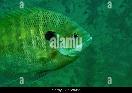 Acquerello creato digitalmente di un estremo primo piano del lato di una scala bluegill, pinne e punto nero Foto Stock