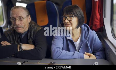 La coppia anziana sta guidando in una carrozza del treno e sta comunicando l'una con l'altra Foto Stock