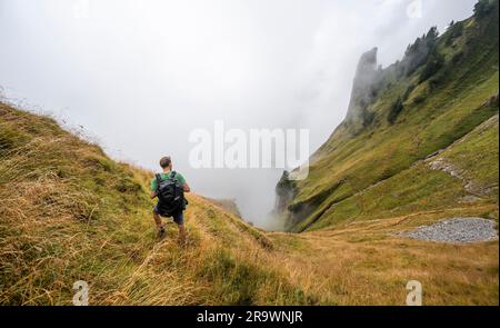 Alpinisti al Bogartenluecke, ripidi pendii erbosi nella nebbia, salita a Marwes, Saentis, Appenzell Ausserrhoden, Appenzell Alps, Svizzera Foto Stock