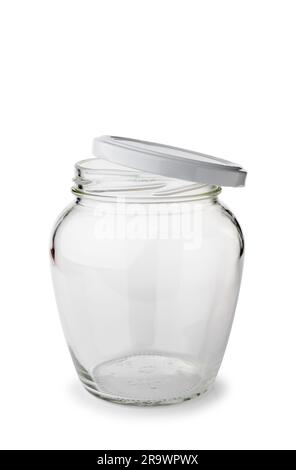 Un paunchy aprire svuotare il vasetto di vetro con coperchio isolato su sfondo bianco Foto Stock