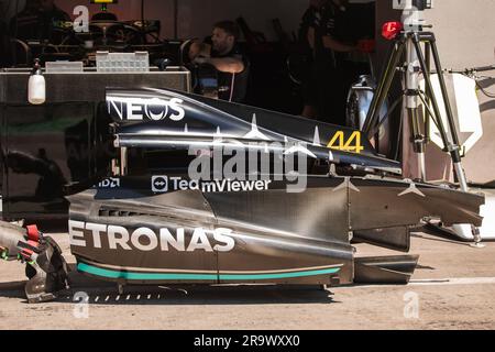 Spielberg, Austria. 29 giugno 2023. Copertura motore Mercedes AMG F1 W14 per Lewis Hamilton (GBR) Mercedes AMG F1. 29.06.2023. Campionato del mondo di formula 1, Rd 10, Gran Premio d'Austria, Spielberg, Austria, Giorno di preparazione. Il credito fotografico dovrebbe essere: XPB/Press Association Images. Credito: XPB Images Ltd/Alamy Live News Foto Stock