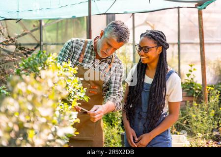 Operai di vivai di fiori che controllano le piante nella serra Foto Stock