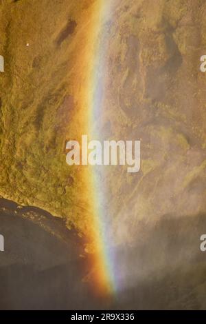 Un arco arcobaleno attraverso la collina, creato dallo spray della cascata di Skogafoss Falls, nel sud dell'Islanda. Foto Stock