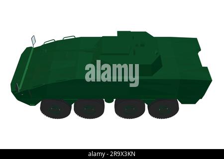 Supporto truppe corazzato poligonale verde. Illustrazione vettoriale del disegno di macchinari militari. BTR 3D. Illustrazione Vettoriale